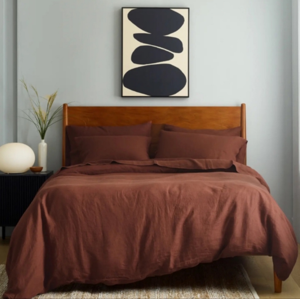 QUINCE European Linen Duvet Cover Set Brown Bordeaux Queen / Full